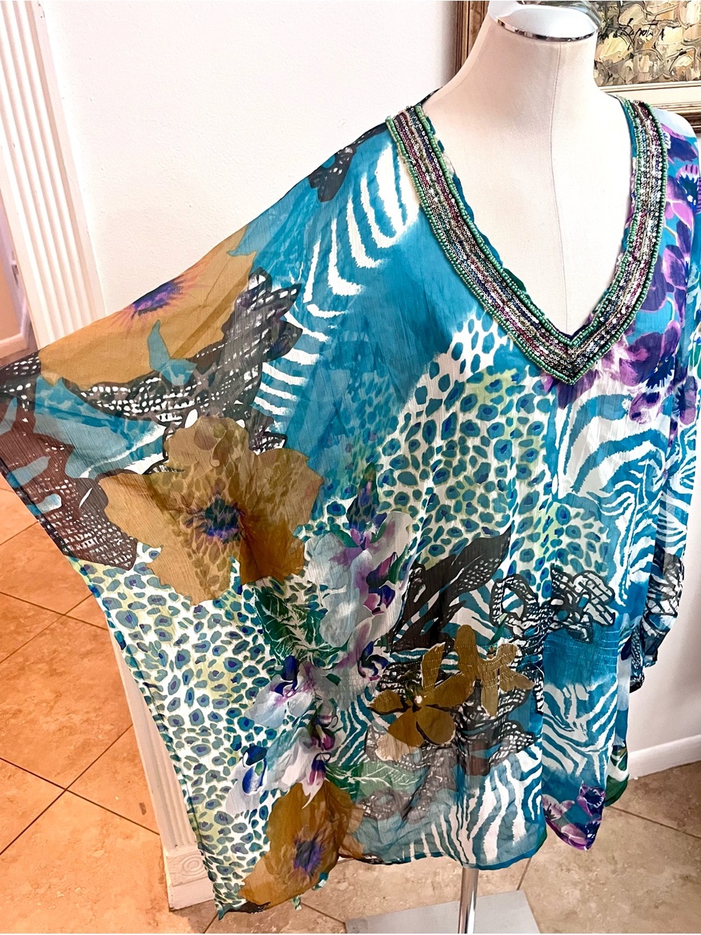 Women's Teal Floral & Animal Print Swim Cover-Up